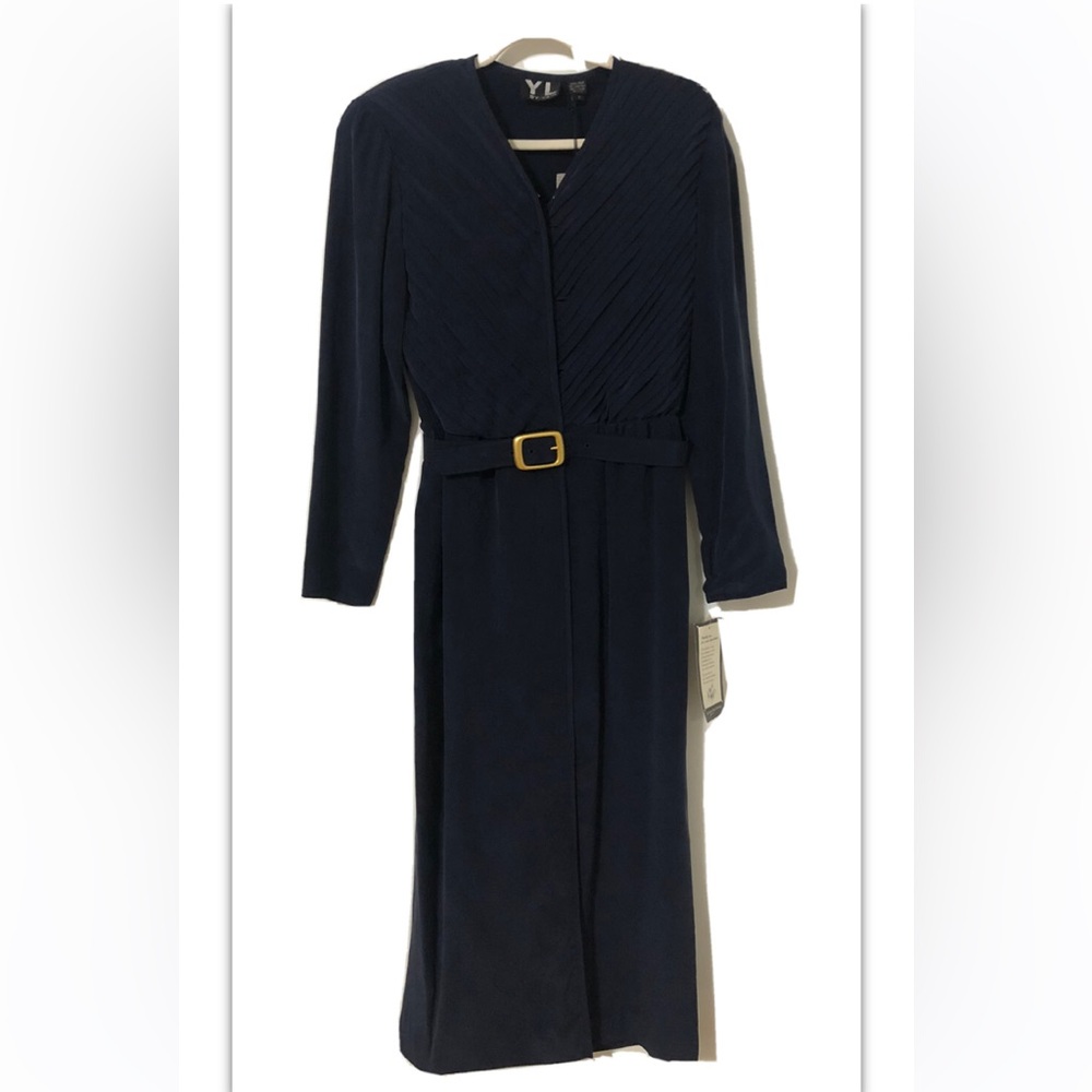 Vintage YL By Yair Long Sleeve Navy Dress, 100% Silk, Front and Back Slits, Sz 8